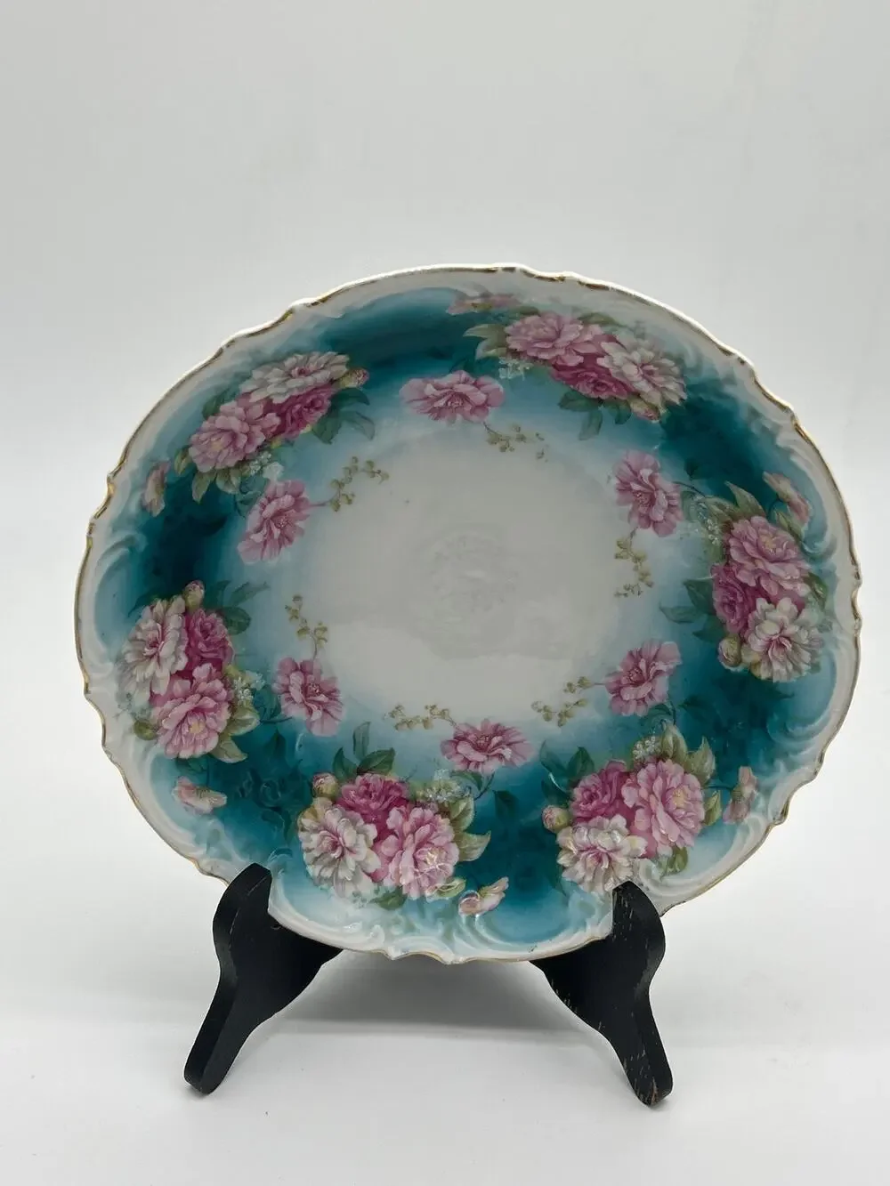 Antique Painted Floral Porcelain Bowl 9” Turquoise Pink Gold Scalloped Rim